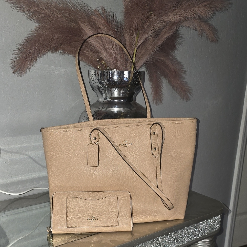 Coach Beige Leather Tote and Wallet Set